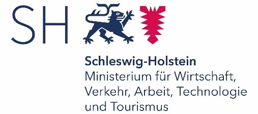 Das Logo des Ministeriums für Wirtschaft, Verkehr, Arbeit, Technologie und Tourismus des Landes Schleswig-Holstein in dunkelblau und rot. Der schreitende Löwe mit dem Nesserlblatt aus dem Wappen Schleswig-Holsteins.